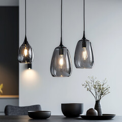 Elegant grey glass pendant lights illuminate modern dining space, creating warm and inviting atmosphere. unique shapes and soft glow enhance contemporary decor