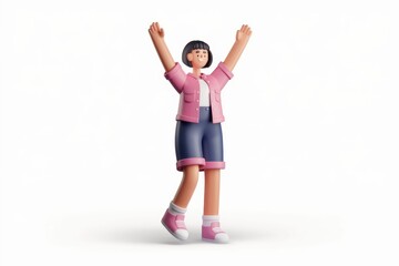 Joyful 3D cartoon girl celebrating with arms raised high, expressing happiness and excitement.