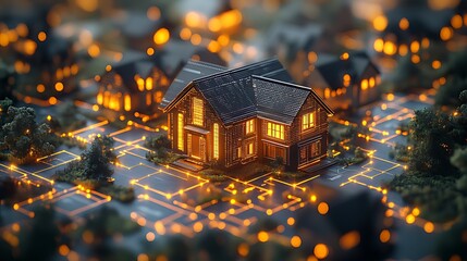 Illuminated suburban house model digitally connected to network.