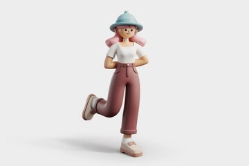 A 3D render of a stylish cartoon girl with pink hair, wearing a bucket hat, white shirt and brown pants, posing playfully.