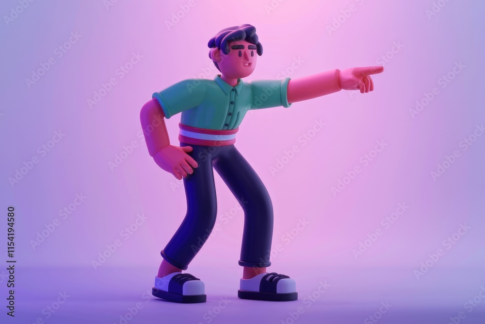Poster 3d cartoon character pointing towards something, showcasing direction or guidance.