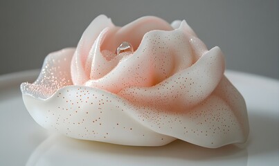Close-up of a delicate pink rose-shaped candle with glitter and a water droplet.