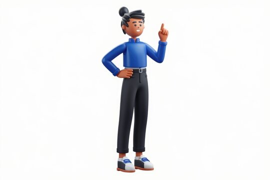A 3D cartoon character, a young person with dark hair, wearing a blue shirt and black pants, points upward with one finger, suggesting an idea or inspiration.