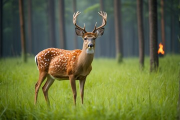 Fototapeta premium there is a deer that is standing in the grass by some trees
