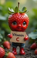 Cheerful character anthropomorphic strawberry holding a vitamin C poster.
