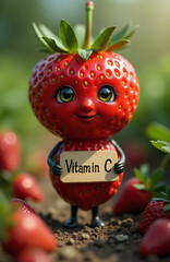 Cheerful character anthropomorphic strawberry holding a vitamin C poster.