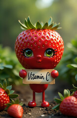 Cheerful character anthropomorphic strawberry holding a vitamin C poster.