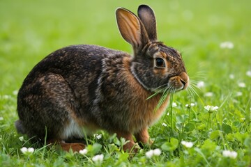 Fototapeta premium there is a rabbit that is sitting in the grass eating grass