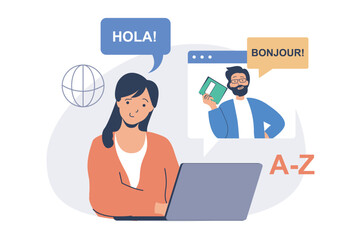 Studying foreign language online web concept with flat cartoon people for website design. Woman learning new languages, watches video with teacher at laptop, talking with native. Vector illustration.
