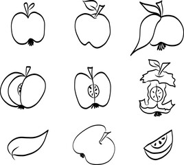 Set of 9 graphic images of the apple, design elements, postcard, coloring pages, pattern