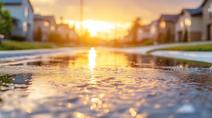 Flooded Residential Streets Under Warm Sunset Light