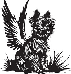 Yorkshire Terrier Canine Sitting with Wings Stylized Silhouette Vector Illustration Graphic