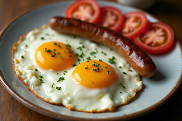 Plate with two fried eggs, sausage and slices of tomatoes, top view