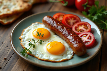 Plate with two fried eggs, sausage and slices of tomatoes, top view