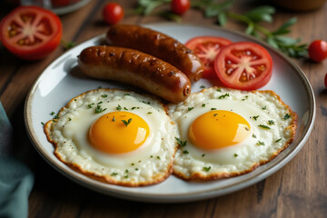 Plate with two fried eggs, sausage and slices of tomatoes, top view