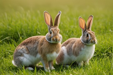 Obraz premium two rabbits are sitting in the grass with their ears up