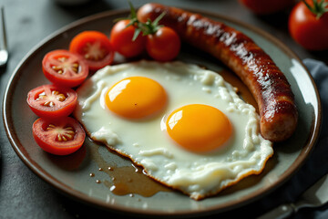 Plate with two fried eggs, sausage and slices of tomatoes, top view