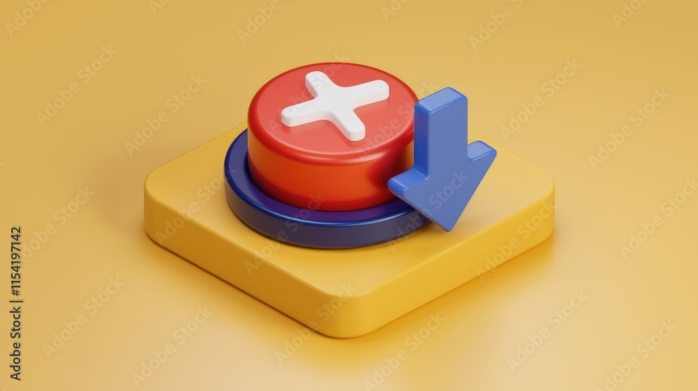 Poster 3d render of a red button with a white plus sign and a blue downward arrow, suggesting download or a