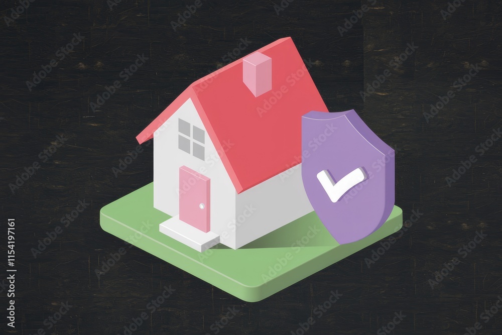Poster home security and protection, symbolized by a house and a checkmark shield.