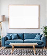 Cozy living room with a blue sofa, wooden coffee table, and empty frame for artwork copy space