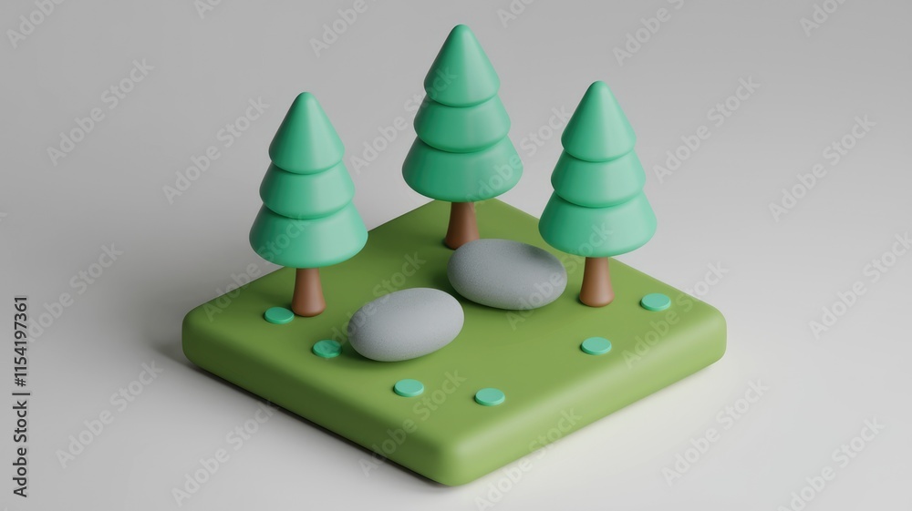 Poster A miniature 3D rendering of a serene forest scene with three stylized pine trees and two smooth stones on a grassy patch.