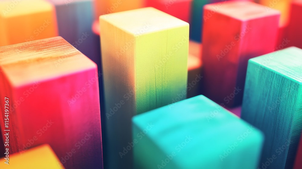 Poster an engaging block-building scene on a sunny day, colorful blocks meticulously arranged, contemporary