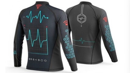 Front and back view of a smart compression shirt displaying heart rate data and wireless connectivity icons, showcasing the integration of technology in athletic wear