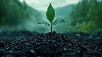 A small sprout emerges from dark soil, rain droplets on its leaves, with a misty mountain background.