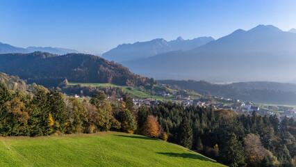 Fototapeta premium The village of Düns in the Walgau Valley, State of Vorarlberg, Austria, Drone Photography