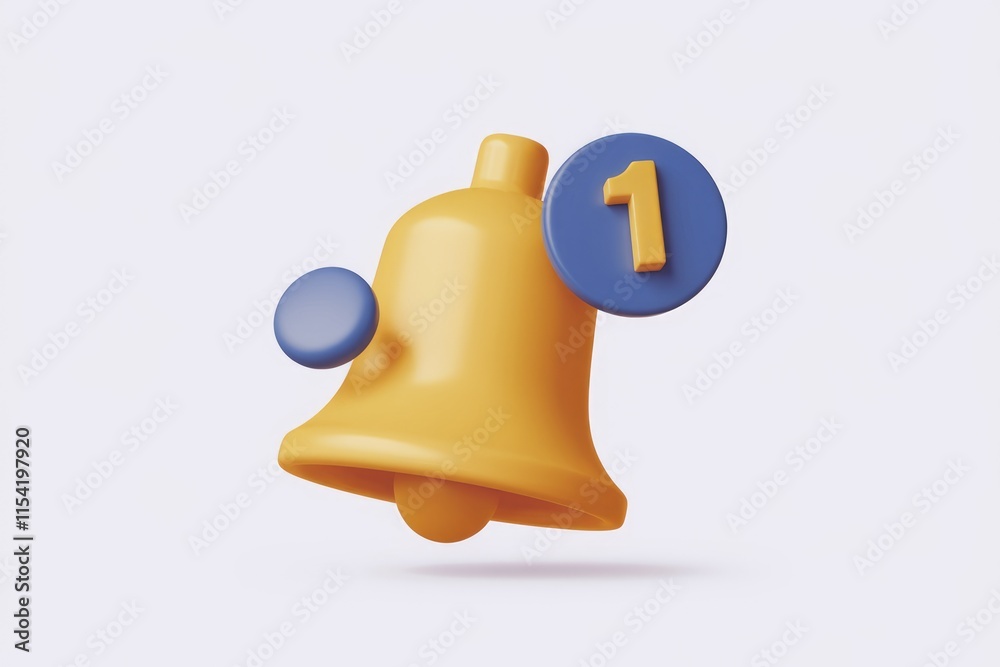 Poster a 3d rendered yellow bell with a blue notification badge indicating one new notification.
