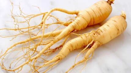 Two whole ginseng roots with extensive root systems on a marble surface.