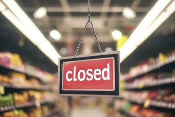 Sign hangs in empty store aisle, signaling closure, surrounded b