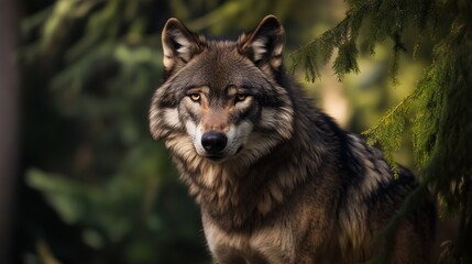 Obraz premium A wolf gazing intently while surrounded by forest greenery in soft light.