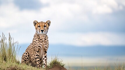 Obraz premium A cheetah sitting on a grassy mound with an expansive plain and cloudy sky behind.
