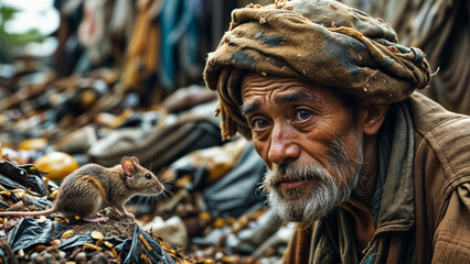 A beggar tramp near garbage cans with a rat.