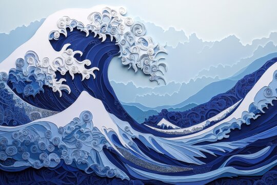 Ocean wave with foam and intricate sea patterns paper cutting. A dynamic depiction of the ocean's power and its continual ebb and flow.