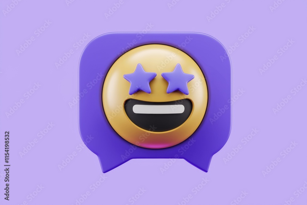 Poster a 3d rendered emoticon with stars for eyes, expressing joy and excitement within a speech bubble.