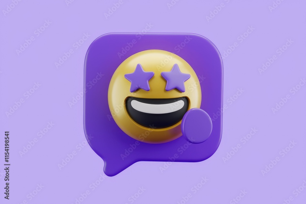 Poster A 3D rendering of a smiling emoticon with stars for eyes inside a purple speech bubble.