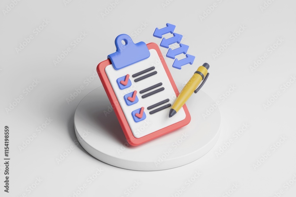 Poster 3D render of checklist with pen and upward arrows, symbolizing progress and task completion.