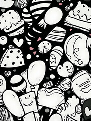Naklejka premium Black background doodle sweet treats seamless pattern, food design, digital illustration, website, textile.