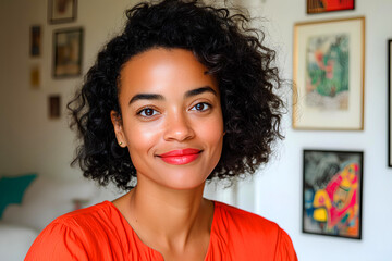 Young Hispanic woman with short curly hair in an orange jumper in a modern apartment with paintings on the wall.