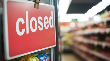 Sign hangs prominently, indicating store closure amidst empty sh