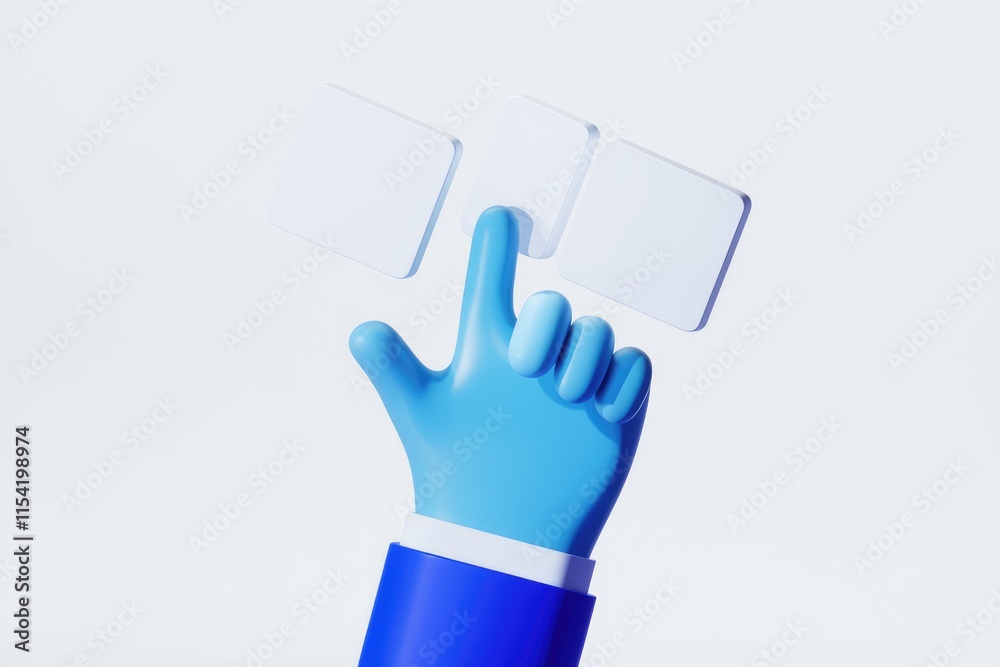 Poster A 3D rendered blue hand interacts with three blank white square buttons, representing digital interaction and selection.