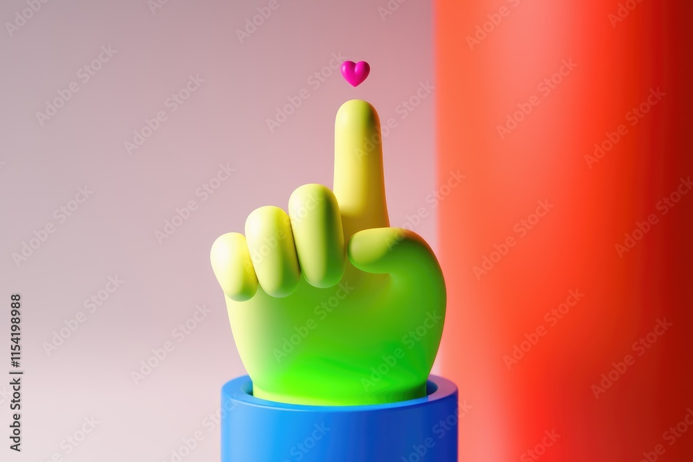 Poster a vibrant 3d-rendered hand points upwards, a small heart levitates above the index finger.