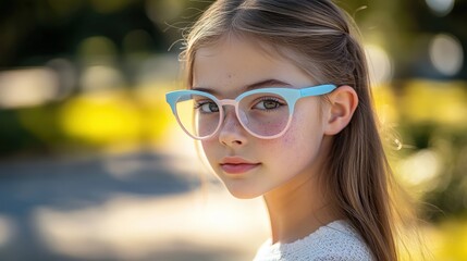 Teenage girl with round face and soft acne enjoys sunny day in park wearing glasses