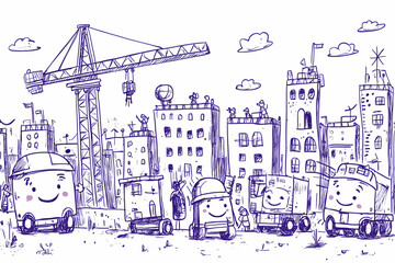 Obraz premium Cartoon City Construction Happy Vehicles & Crane Building Skyline.