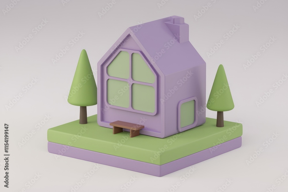 Poster a charming 3d rendered house with trees and a bench, idyllic and peaceful.