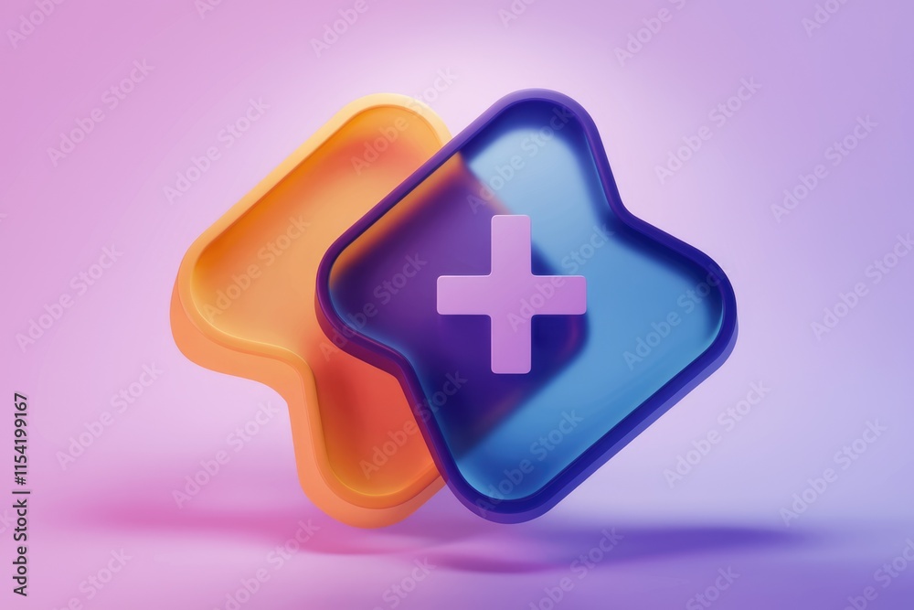 Fototapete Abstract 3D render of overlapping colorful shapes featuring a plus sign, symbolizing addition or positivity.