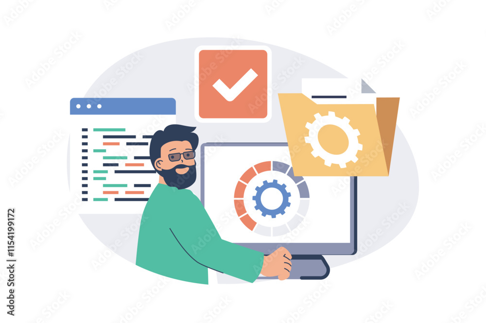 Poster System administrator web concept with flat cartoon people for website design. Man doing optimization to programs of server infrastructure, fixing program code and monitoring. Vector illustration.