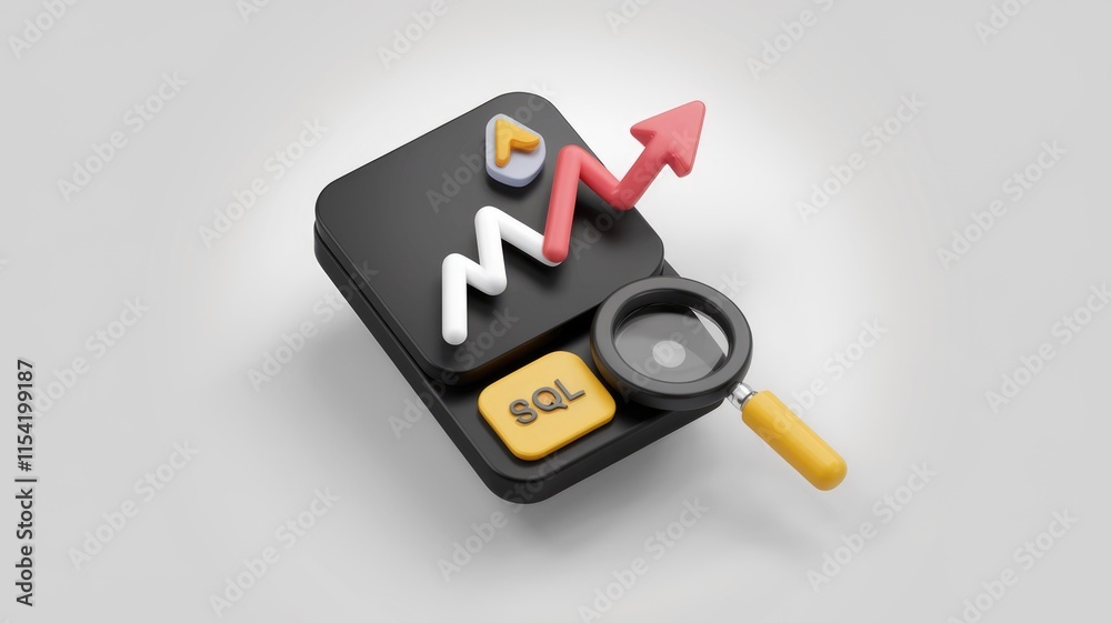 Poster 3D illustration of upward trending graph with SQL button and magnifying glass, symbolizing data analysis and growth.